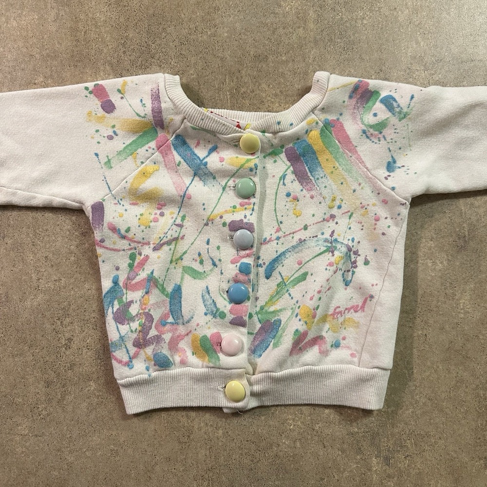 Vintage Kids Cardigan Sweater Pastel Paint Splash Button Up 2T